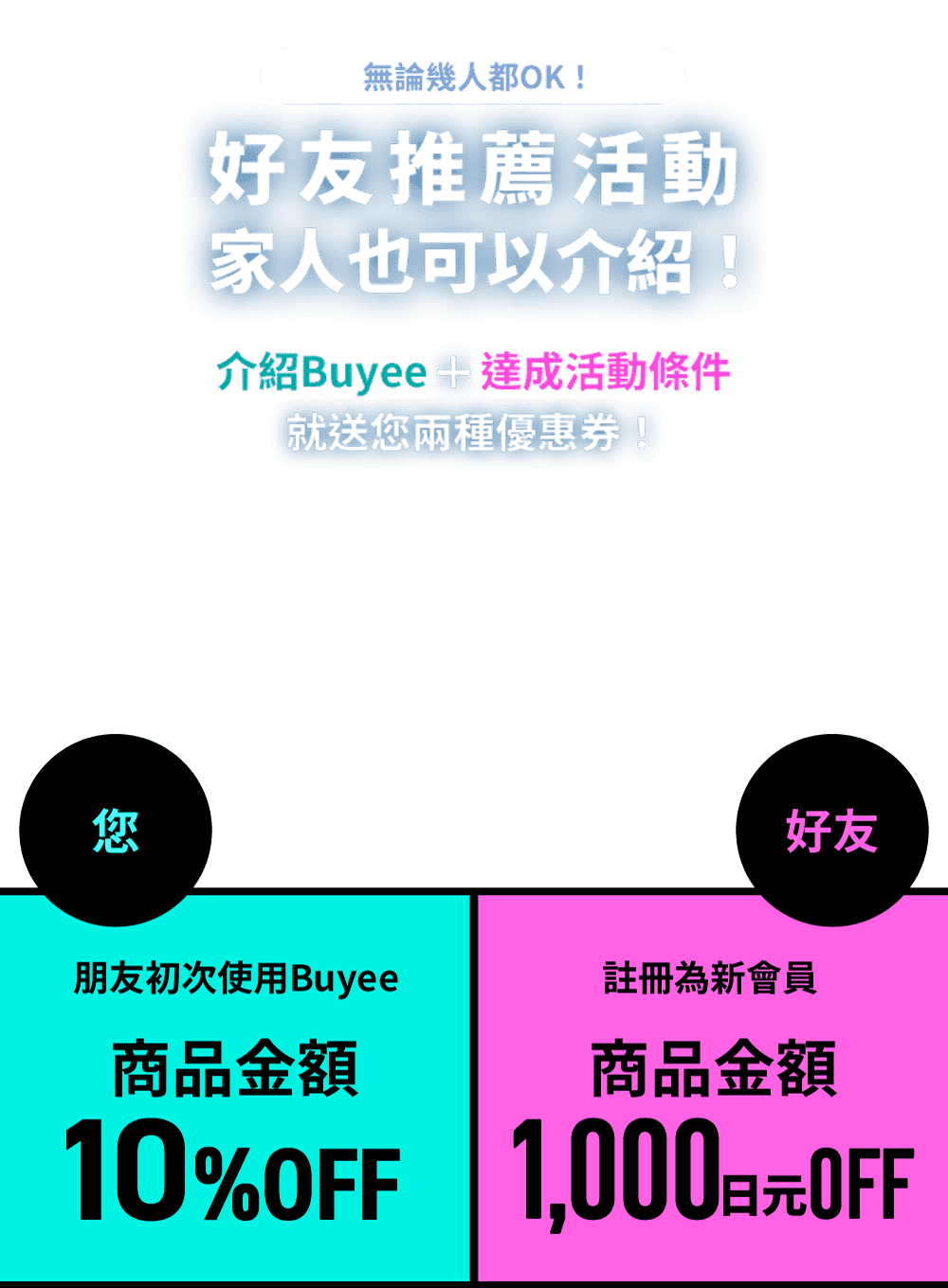 無論幾人都OK！  好友推薦活動  家人也可以介紹！  介紹Buyee+達成活動條件就送您兩種優惠券！  您 朋友初次使用Buyee商品金額10%OFF  好友 註冊為新會員商品金額1,000日元OFF