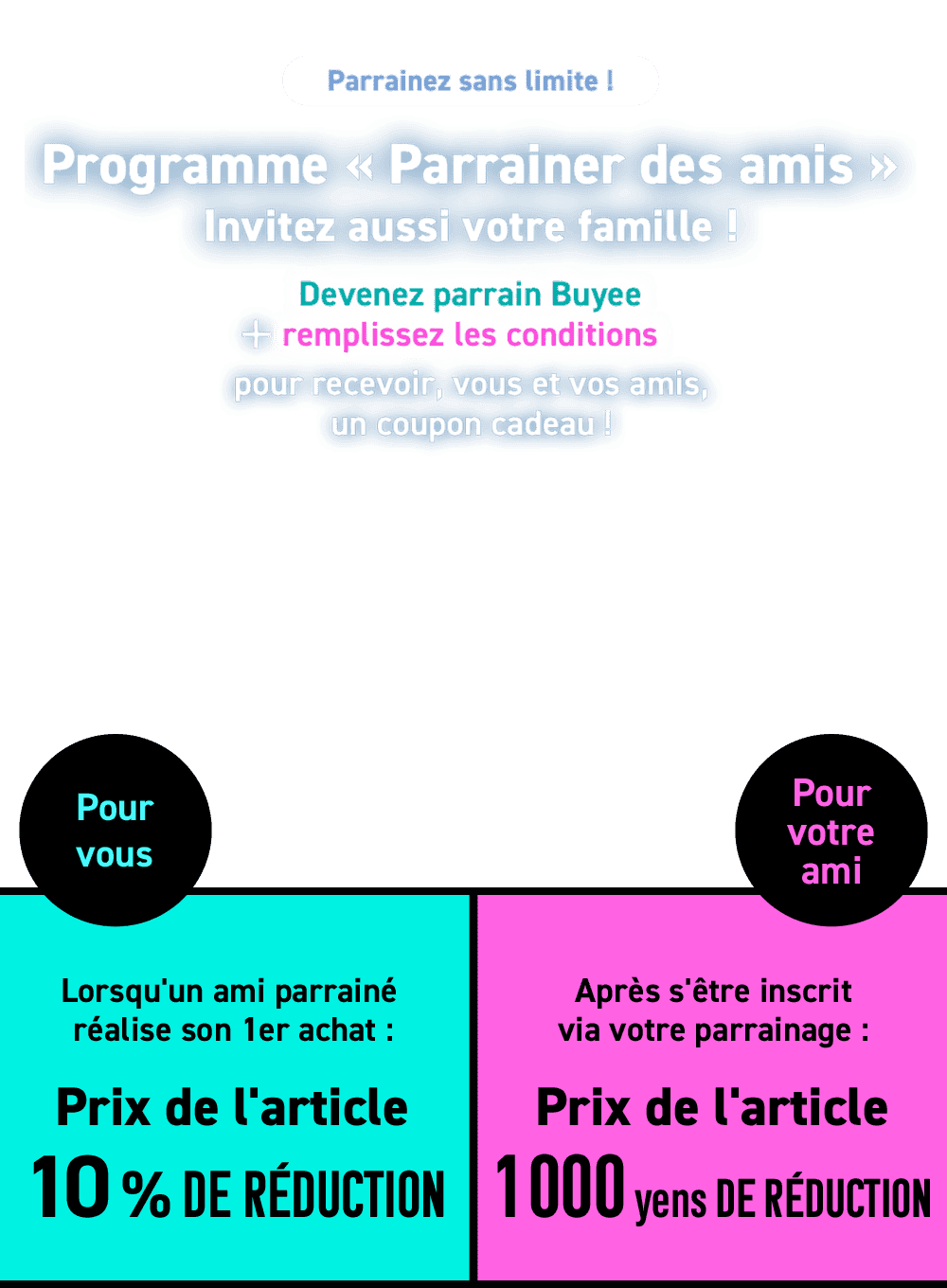 Parrainez sans limite !  Programme « Parrainer des amis »  Invitez aussi votre famille !  Devenez parrain Buyee + remplissez les conditions pour recevoir, vous et vos amis, un coupon cadeau !  Lorsqu'un ami parrainé réalise son 1er achat : Prix de l'article 10% de réduction  Pour votre ami Après s'être inscrit via votre parrainage : Prix de l'article 1 000 yens DE RÉDUCTION