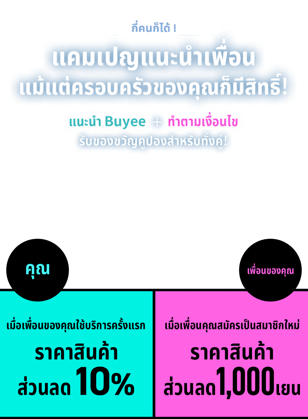 กี่คนก็ได้!  แคมเปญแนะนำเพื่อน  แม้แต่ครอบครัวของคุณก็มีสิทธิ์!  แนะนำ Buyee ＋ ทำตามเงื่อนไข รับของขวัญคูปองสำหรับทั้งคู่!  คุณ เมื่อเพื่อนของคุณใช้บริการครั้งแรก ราคาสินค้า ส่วนลด ส่วนลด 10%  เพื่อนของคุณ เมื่อเพื่อนคุณสมัครเป็นสมาชิกใหม่ ราคาสินค้า ส่วนลด 1,000 เยน