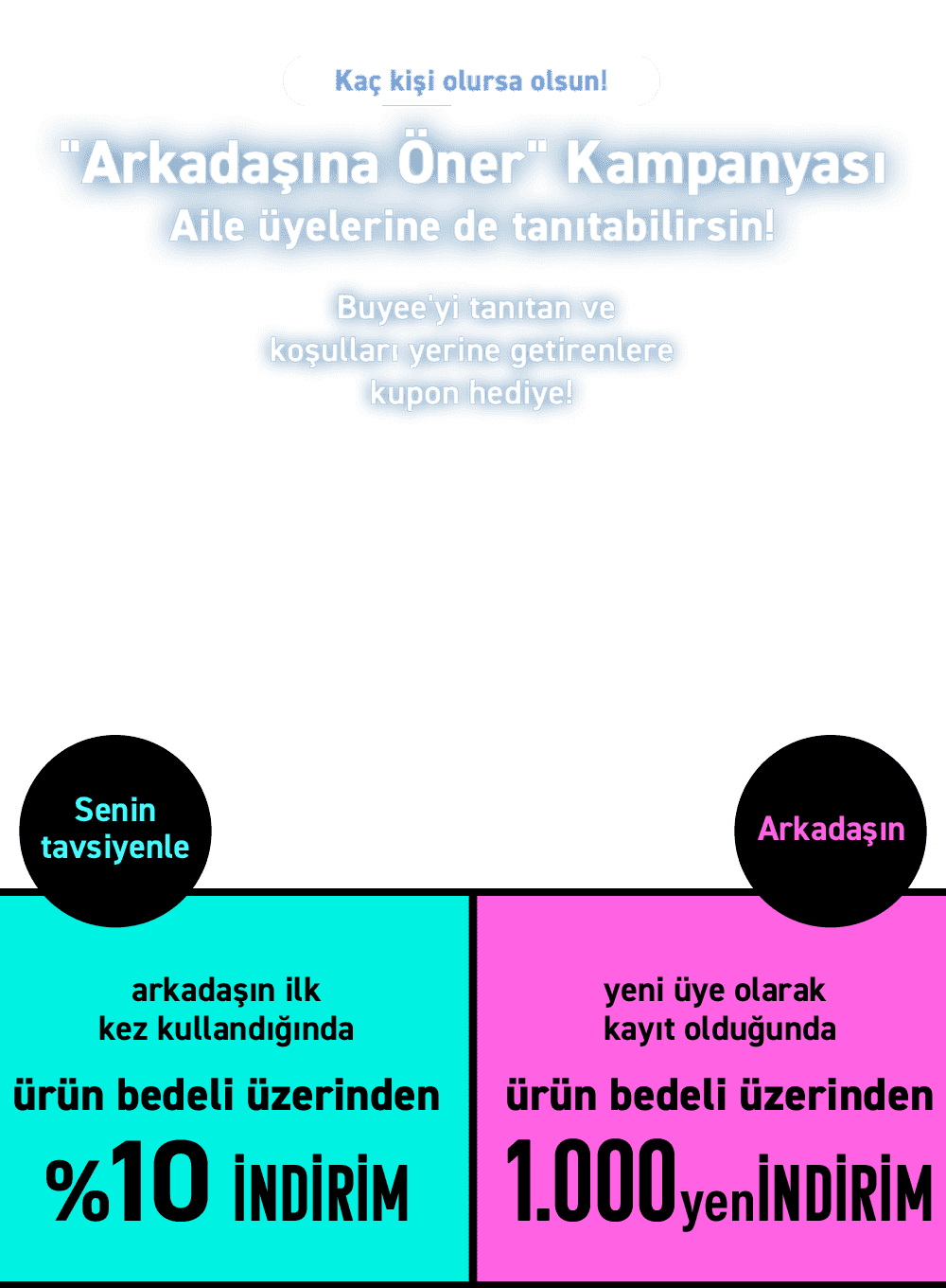 Kaç kişi olursa olsun!  'Arkadaşına Öner' Kampanyası  Aile üyelerine de tanıtabilirsin!  Buyee'yi tanıtan ve koşulları yerine getirenlere kupon hediye!  Senin tavsiyenle arkadaşın ilk kez kullandığında ürün bedeli üzerinden %10 İNDİRİM  Arkadaşın yeni üye olarak kayıt olduğunda ürün bedeli üzerinden 1.000 yen İNDİRİM