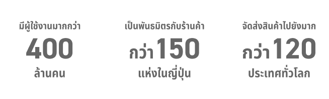 
            
              มีผู้ใช้งานมากกว่า 4 ล้านคน
            
              เป็นพันธมิตรกับร้านค้ากว่า 150 แห่งในญี่ปุ่น
            
              จัดส่งสินค้าไปยังมากกว่า 120 ประเทศทั่วโลก
            