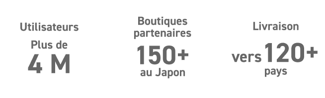 
            
              Plus de 4 millions d'utilisateurs
            
              Plus de 150 boutiques partenaires au Japon
            
              Livraison vers plus de 120 pays
            