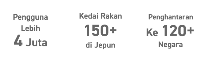 
            
              Lebih daripada 4 juta pengguna
            
              Bekerjasama dengan lebih daripada 150 kedai di Jepun
            
              Penghantaran ke lebih daripada 120 negara.
            